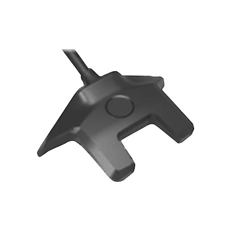 Schwarzes, futuristisch aussehendes Gerät mit einem Kabel, das an ein rechteckiges Gehäuse mit einem runden Knopf und zwei gebogenen Armen angeschlossen ist.