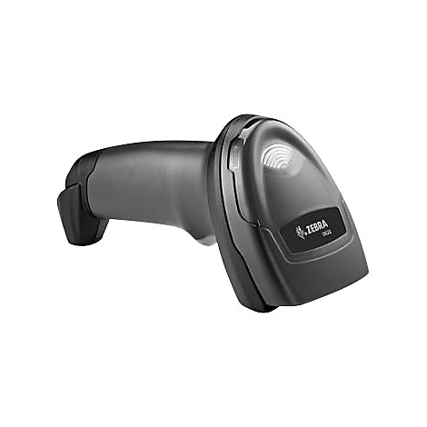 Vue de dessus d'un scanner de codes-barres noir de la marque Zebra. Il y a un logo et la désignation DC22 sur l'appareil.