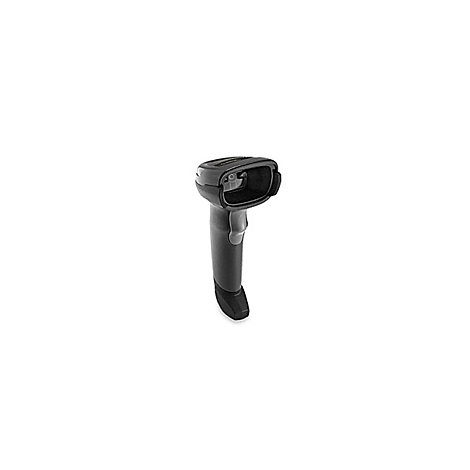 Scanner de codes-barres noir avec une poignée ergonomique, sur fond blanc.