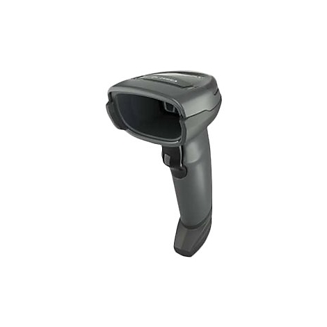 Scanner de codes-barres gris foncé, sur fond blanc.