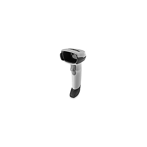 Ein weißer Barcode-Scanner mit schwarzem Griff und schwarzer Scan-Öffnung.