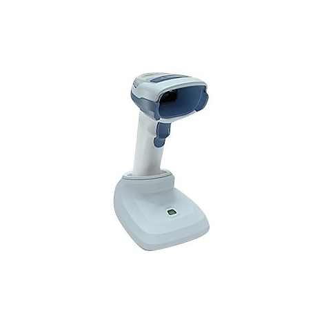 Ein weiÃŸ-blauer Barcode-Scanner steht auf einer Basis. Das GerÃ¤t ist leicht geneigt und hat einen blauen Scanbereich.
