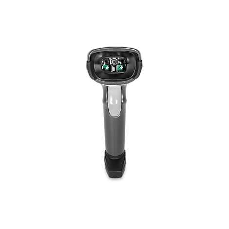Draufsicht auf einen schwarzen Barcode-Scanner mit weißem Griff auf schwarzem Hintergrund.