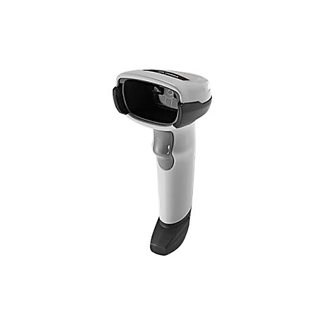 Scanner portable, gris et noir, sur fond blanc.
