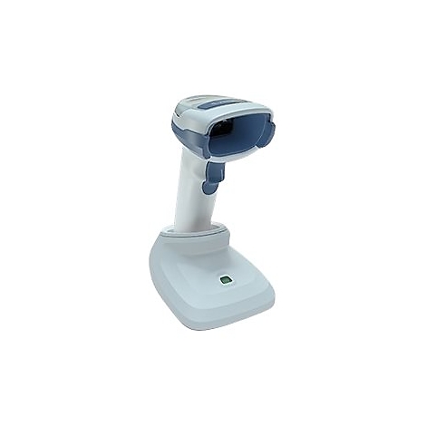 Hellblauer Barcodescanner mit Halterung vor weißem Hintergrund. Der Scanner hat eine dunkle Öffnung und einen blauen Griff.