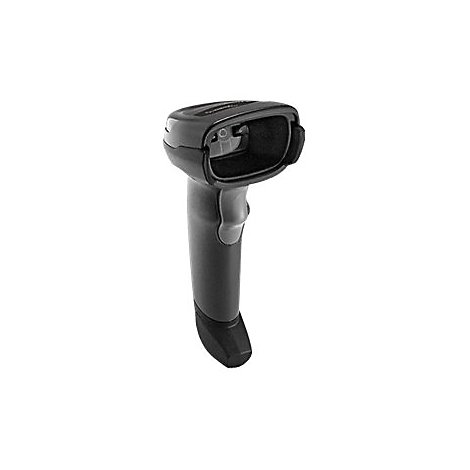Scanner de codes-barres noir, légèrement incliné, sur fond blanc.