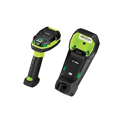 Deux scanners de codes-barres noirs et vert citron, un avec une poignÃ©e, un sans. Les deux appareils affichent le logo Zebra.