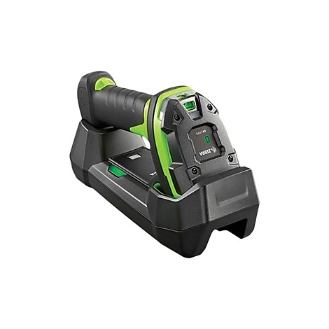 Scanner de code-barres noir et vert dans un socle de chargement, marque Zebra.