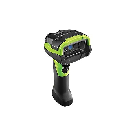 Ein Barcode-Scanner in Schwarz, Grün und Grau. Griff, Oberteil und Gehäuse bilden eine Einheit.