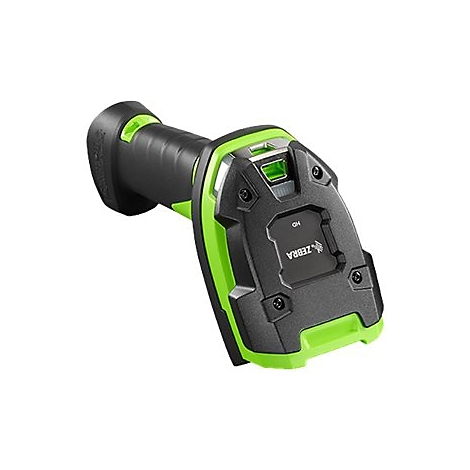 Un lecteur de codes-barres Zebra noir et vert avec des vis sur fond gris.