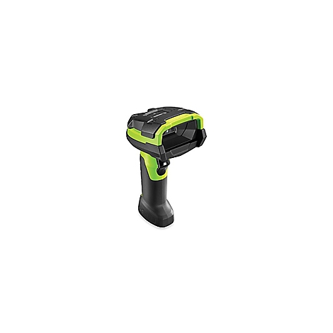 Schwarzer und neongrüner Barcode-Scanner. Gehalten mit einem Griff, Scanfenster.