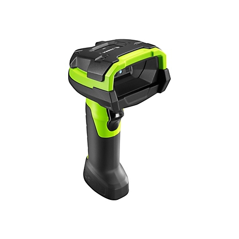 Ein Barcode-Scanner in Schwarz und Grün, der vor weißem Hintergrund gehalten wird.
