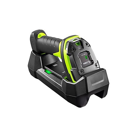 Un lecteur de codes-barres noir avec des accents verts dans une station de charge. Le logo Zebra est visible sur l'appareil.