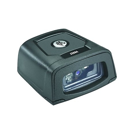 Scanner de codes-barres noir avec le logo ZEBRA. Lumière bleue à l'avant. Design angulaire. Sur fond blanc.