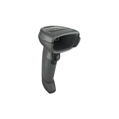 Scanner de codes-barres gris foncÃ© sur fond blanc.