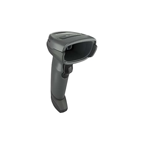 Dunkelgrauer Barcode-Scanner, der auf weiÃŸem Hintergrund steht. Der Scanner hat eine ergonomische Form und einen Lesebereich.