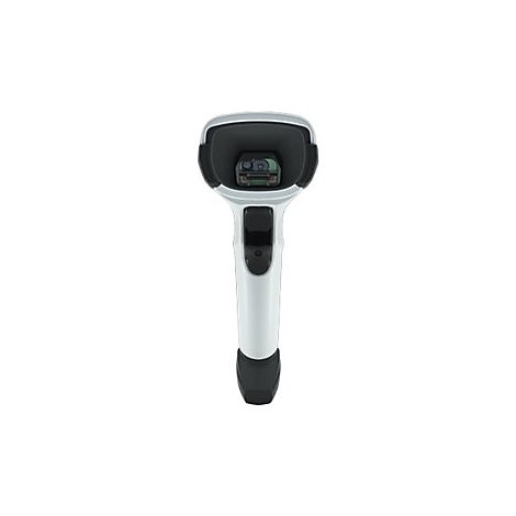 Ein Barcode-Scanner in Nahaufnahme, weiÃŸ-schwarz, Detailansicht von oben.
