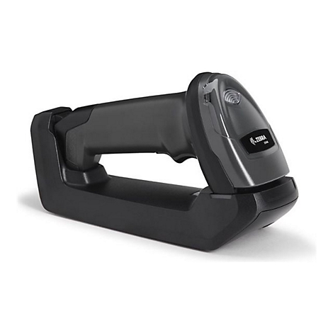 Scanner de codes-barres noir avec station de charge. Le scanner porte le logo Zebra.
