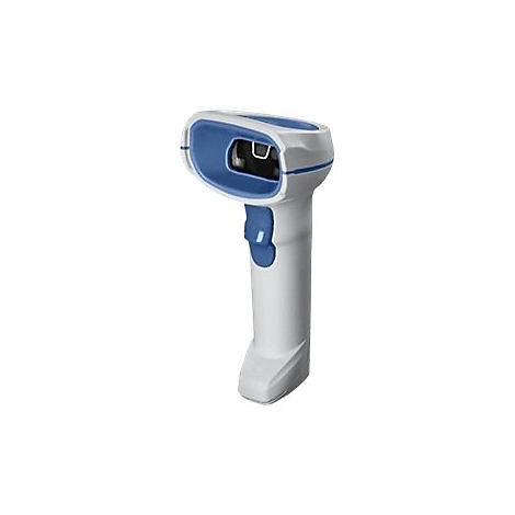 Ein weiÃŸ-blauer Barcode-Scanner; HandgerÃ¤t mit Griff, AuslÃ¶ser und Scan-Kopf. Auf weiÃŸem Hintergrund.