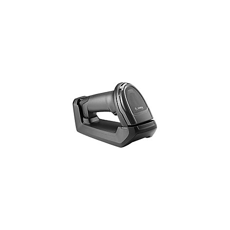 Scanner de codes-barres noir sur socle de chargement. Le logo Zebra est visible sur le scanner.