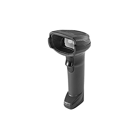Scanner de codes-barres noir avec poignÃ©e et gÃ¢chette sur fond blanc.