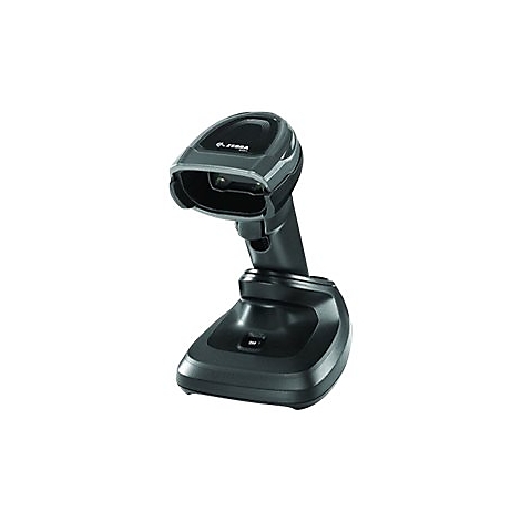 Scanner de codes-barres noir avec station de base, sur fond blanc. Logo Zebra visible.