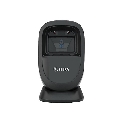 Schwarzer Barcodescanner der Marke Zebra auf weiÃŸem Hintergrund.