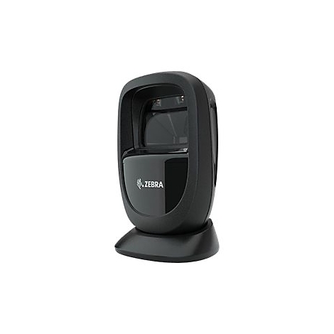 Schwarzer Barcodescanner der Marke Zebra, auf weiÃŸem Hintergrund. Rechteckige Basis mit Scannerkopf und Logo.