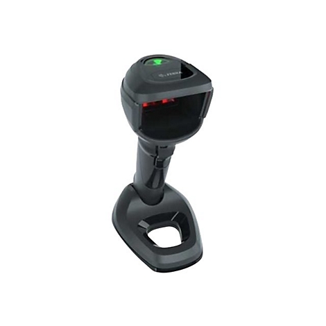 Scanner de codes-barres noir avec support. Une lumiÃ¨re verte est visible en haut, rouge en bas. Le scanner se trouve sur un fond blanc.