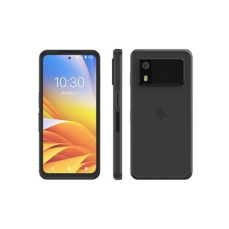 Schwarzes Smartphone mit drei Ansichten: Vorder-, Seiten- und Rückseite. Auf dem Display 10:30 Uhr. Rückseite mit Kamera und Textur.