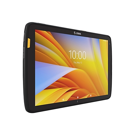 Schwarzes Tablet mit gelb-orangenem Hintergrund, Uhrzeit 10:00 Uhr, Marke Zebra.