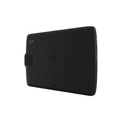 Schwarzes Tablet, leicht schrÃ¤g von hinten gezeigt, mit einer strukturierten OberflÃ¤che und einer Kamera.