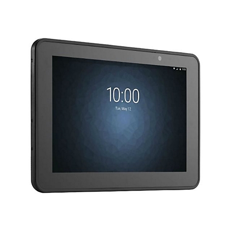 Dunkelgraues Tablet mit schwarzem Rahmen, auf dem Display 10:00 Uhr angezeigt. Eine kleine Kamera ist oberhalb des Bildschirms zu sehen.
