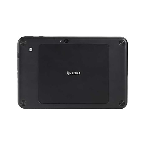 Schwarzes Tablet mit Zebra-Logo und NFC-Symbol. RÃ¼ckseite mit Kamera, Schrauben und abgerundeten Ecken.