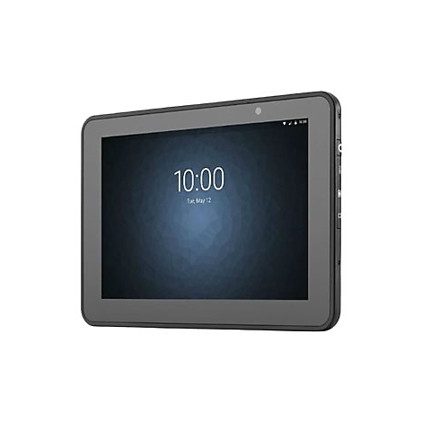 Graues Tablet, Display zeigt 10:00 Uhr. Dienstag, 12. Mai. Mit Kamera und KnÃ¶pfen an der Seite.