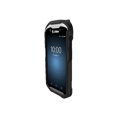 Ein Zebra Mobilcomputer, schwarz und grau, auf weißem Hintergrund. Das Display zeigt 10:00 Uhr.
