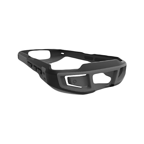 Schwarze Schutzhülle für ein elektronisches Gerät, mit grauen Akzenten und einem Power-Knopf-Symbol.