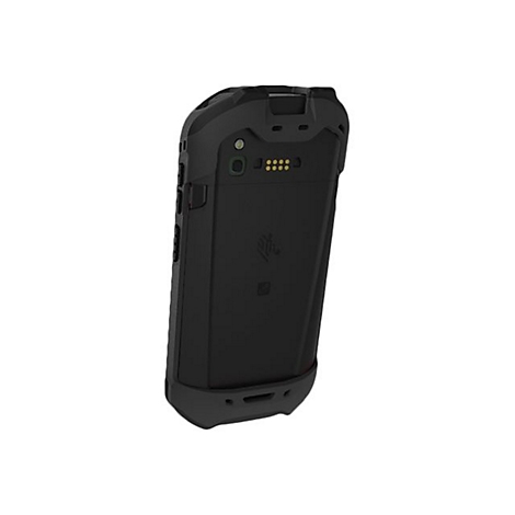 Schwarzes, robustes Smartphone von hinten, mit Kamera und Firmenlogo. Die Form ist ergonomisch und kantig.