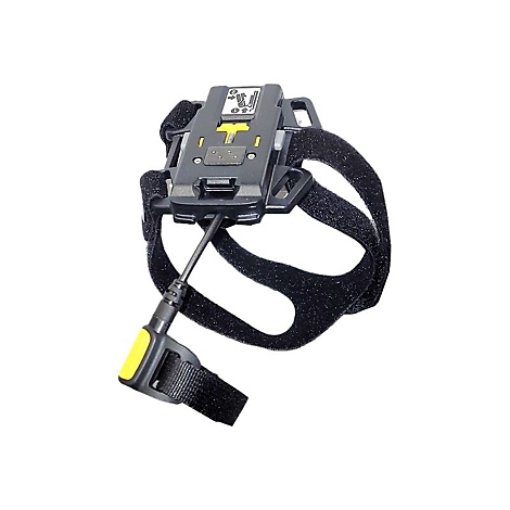 Schwarzes Tourniquet mit gelben Akzenten, das am Handgelenk befestigt ist. Auf weißem Hintergrund.