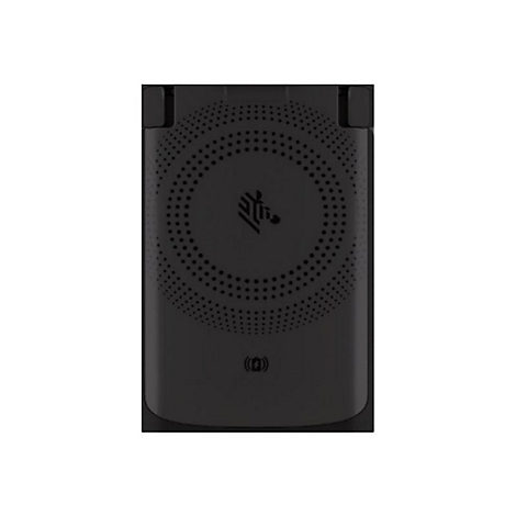 Dunkles, rechteckiges Ladegerät mit kreisförmigem Lochmuster und Zebra-Logo. Unten ein kabelloses Ladesymbol.