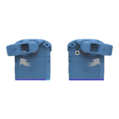Zwei blaue Bauteile mit beweglichem Hebel und Pfeilsymbolen, die die Rotationsrichtung anzeigen.