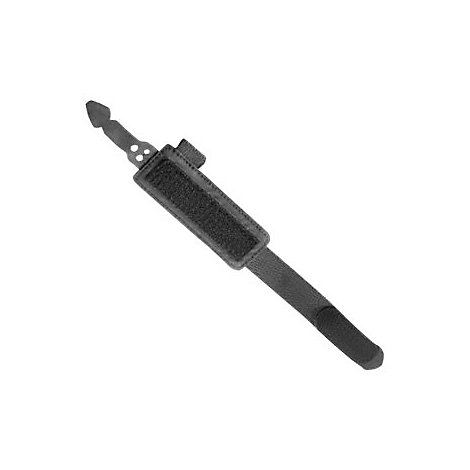 Schwarze Kopfhörer-Halterung, mit Klettverschluss und Pfeilspitze.