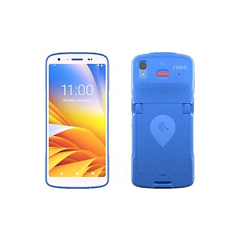 Appareil mobile Zebra bleu, avant et arrière. L'écran affiche 11h00. Arrière avec logo et caméra.