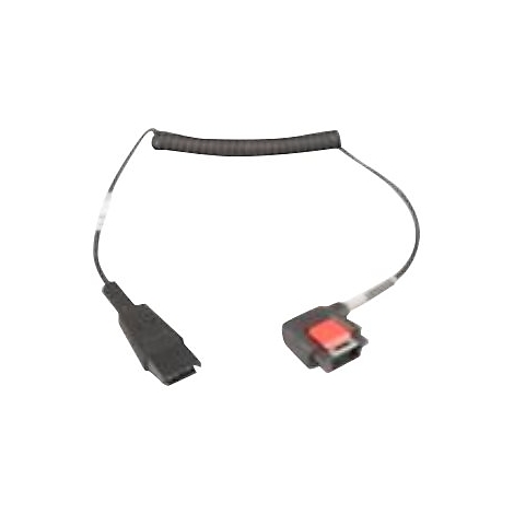 Schwarzes Spiralkabel mit zwei Steckern. Ein Stecker mit rotem Knopf.