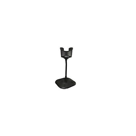 Un support de scanner de codes-barres noir avec une base ronde, une tige élégante et un support en haut.