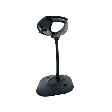 Support de scanner de codes-barres noir. Le support est orienté vers le haut. Il a une forme incurvée et est monté sur un col flexible qui se connecte à la base.