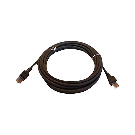 Ein schwarzes Kabel, das zu einer Spirale aufgerollt ist, mit zwei Steckern an den Enden, die durch eine weiße Schnur zusammengebunden sind.