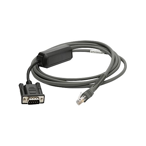 Graues Kabel mit zwei Anschlüssen, ein RJ45 und ein serieller DB9-Stecker, auf weißem Hintergrund.