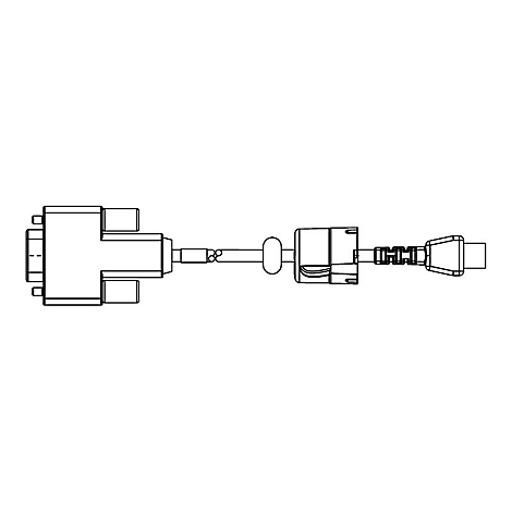 Draufsicht eines schwarz-weißen Kabels, das von einem VGA-Anschluss zu einem HDMI-Anschluss führt.
