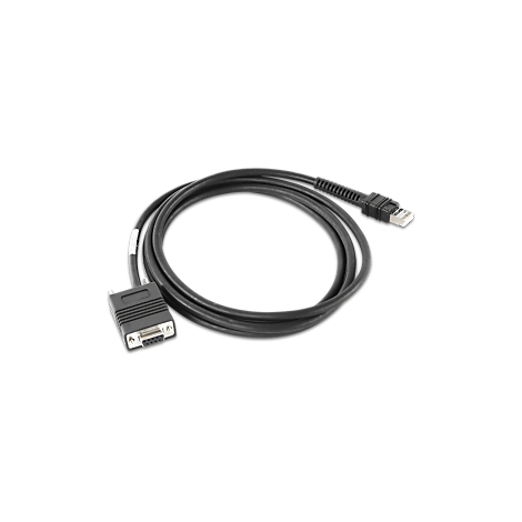 Ein schwarzes Kabel mit zwei Anschlüssen: ein rechteckiger Stecker und ein D-Sub-Stecker mit neun Pins.